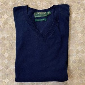 Men’s V-Neck Sweater - Filson - Navy Blue - 80% Cotton, 20% Wool - Size L